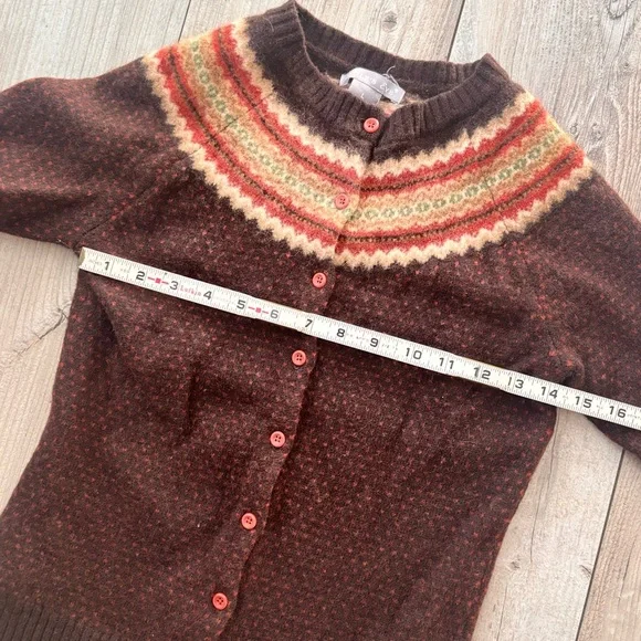 Vintage 100% Lambs Wool Eagles Eye Brown Patterned Cardigan Sweater Small - Picture 8 of 8